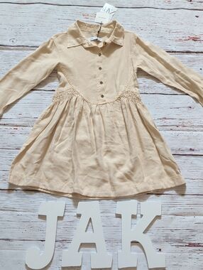 Zara Cream Button-Front Smocked Waist Dress